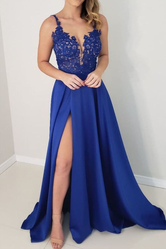 Straps Royal Blue Long Prom Dress with Slit     cg12882