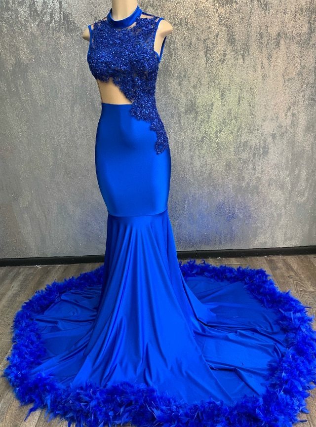 Sheath Royal Blue Mermaid Sleeveless High Neck Long Prom Dresse    cg12888