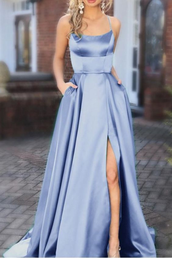 blue bridesmaid dresses,long satin formal prom gowns cg1289