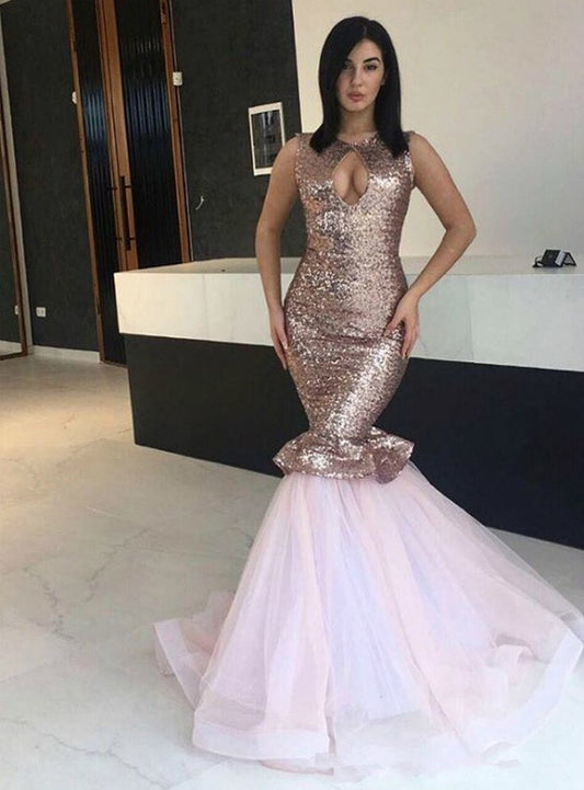 Sexy Pink Mermaid Tulle Sleeveless Sequins Long Prom Dress    cg12891