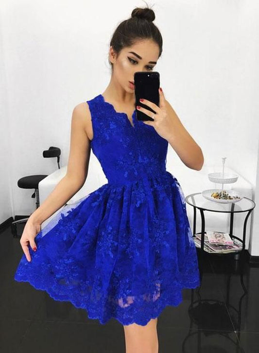 A-Line V-Neck Above-Knee Royal Blue Homecoming Dress with Appliques    cg12897