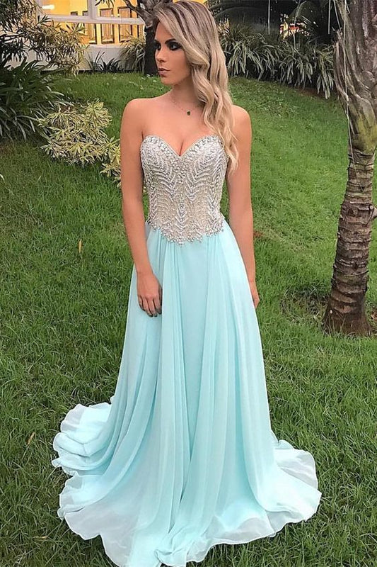 Sweetheart Light Sky Blue Sweep Train Prom Dress with Beading    cg12902