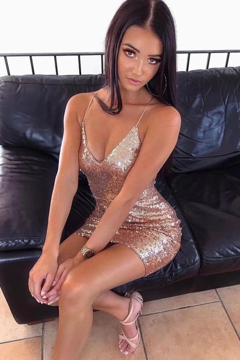 Fitted Bodycon Sequins Gold Homecoming Dress   cg12905