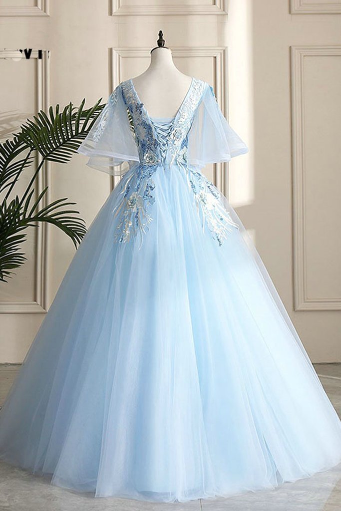 Floor Length Blue Evening Party Dress School V-neck Lace Flowers Lace-up Back Fashionable Prom dress   cg12942