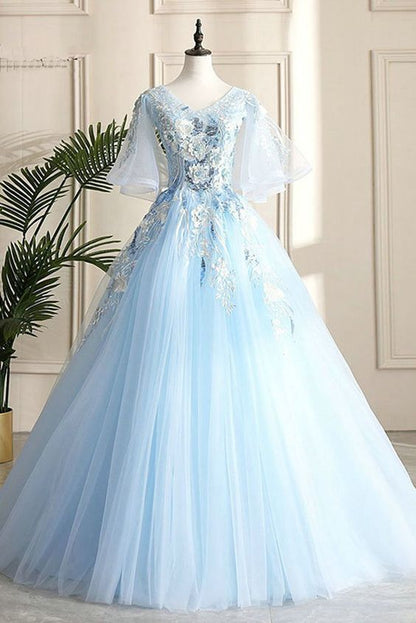 Floor Length Blue Evening Party Dress School V-neck Lace Flowers Lace-up Back Fashionable Prom dress   cg12942