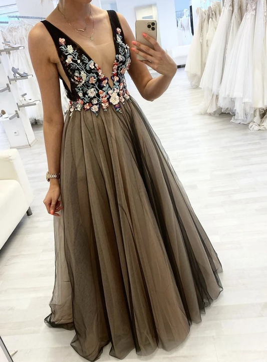 Black v neck tulle applique prom dress evening dress    cg12961