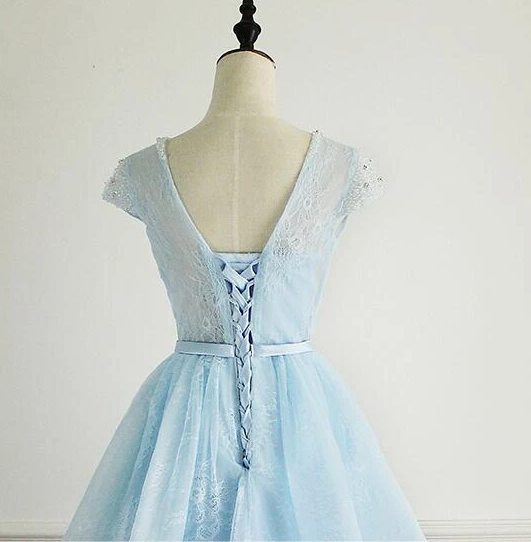 Light Blue Lace Cap Sleeves Cute Short Party Dress, Blue Homecoming Dress    cg12963