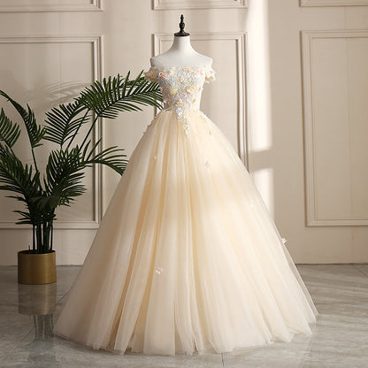 CHAMPAGNE TULLE LACE LONG PROM DRESS, FORMAL DRESS cg1297