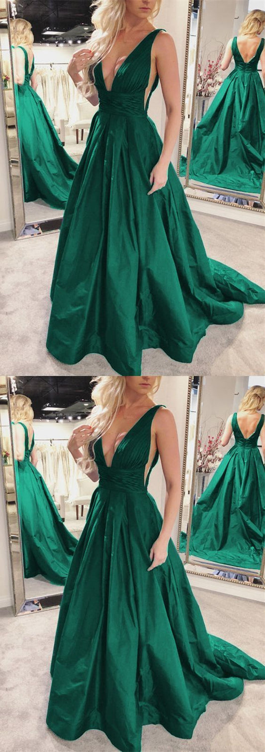 Sexy Plunge V-neck Long Taffeta Green Prom Dresses   cg12971