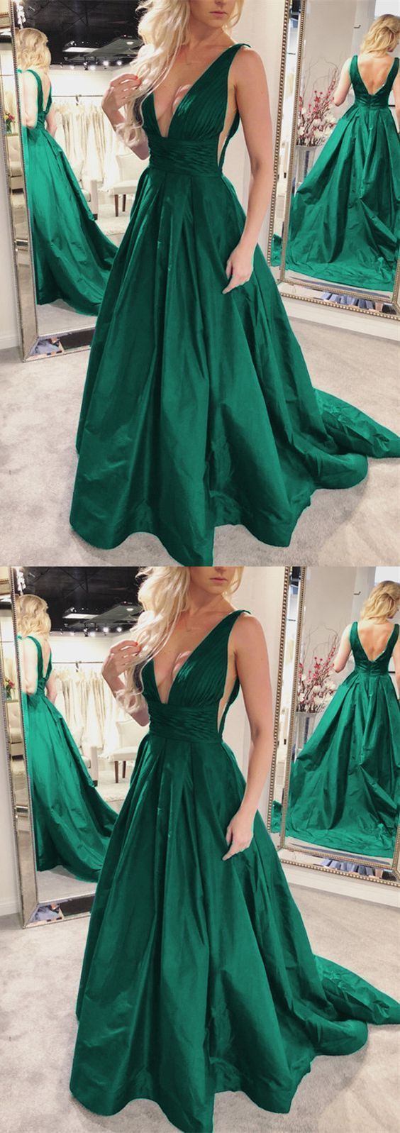Sexy Plunge V-neck Long Taffeta Green Prom Dresses   cg12971