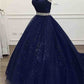 Long navy blue sparkle sweetheart tulle prom dress with beading belt cg1300