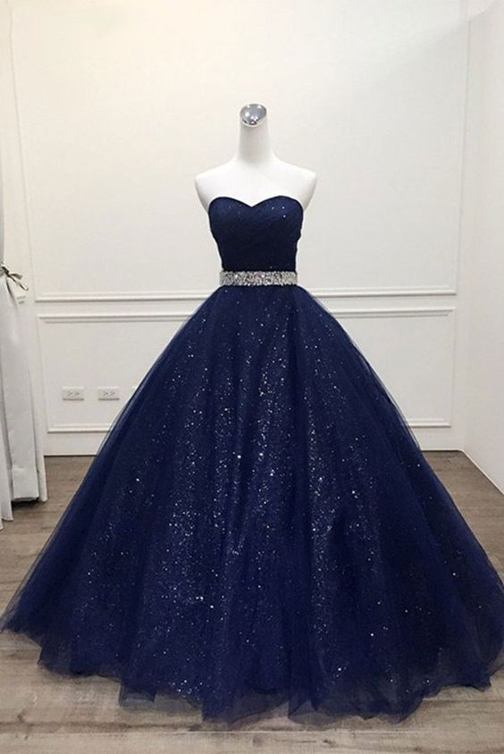 Long navy blue sparkle sweetheart tulle prom dress with beading belt c ...