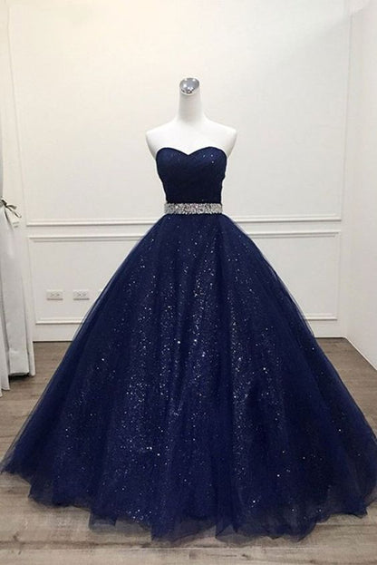 Long navy blue sparkle sweetheart tulle prom dress with beading belt cg1300