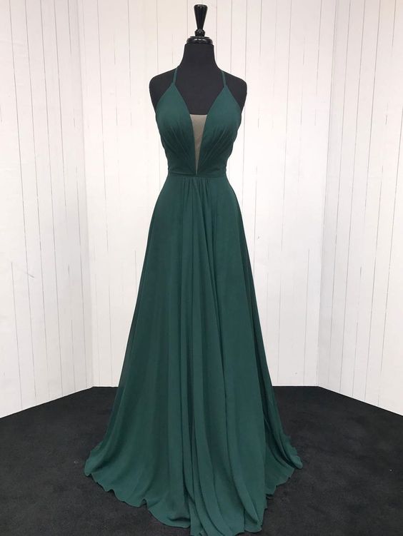 Spaghetti Strap A Line Dark Green Prom Dresses Deep V-neck    cg13031