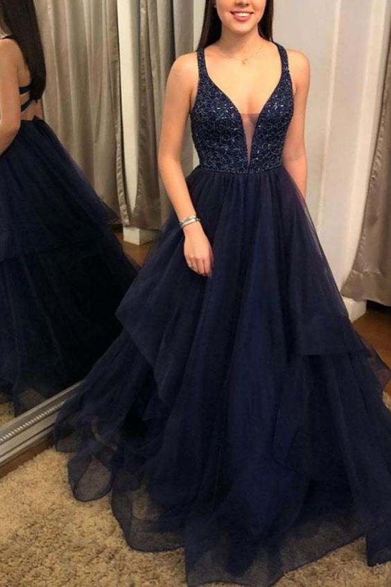 A-Line Navy Blue Long Prom Dresses Formal Evening Gowns    cg13043