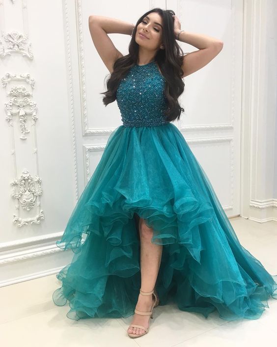Modest High Low Prom Dresses Sexy Halter Beading Corset Party Dress Puffy Organza Sweep Train Prom Evening Gowns   cg13059