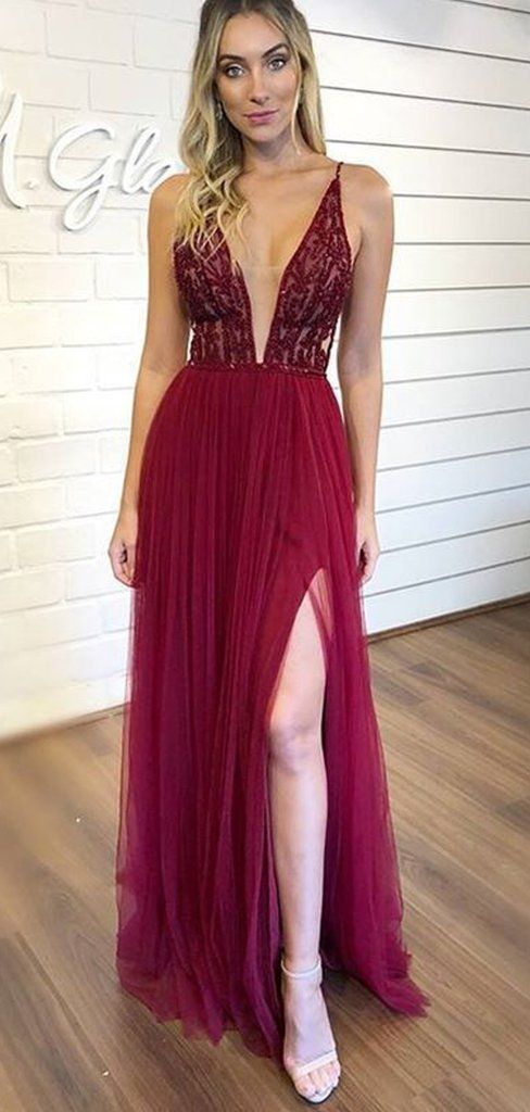 V-neck Beaded Long A-lie Tulle Side Slit Prom Dresses   cg13061