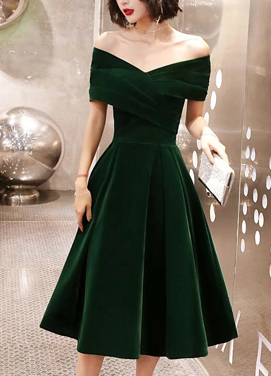 Grünes Teelänge Samt Off Shoulder Partykleid, Grünes Brautjungfernkleid Ballkleid Abendkleid cg13073