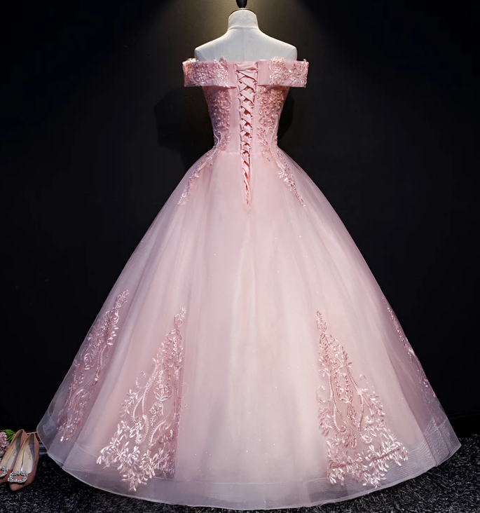 Pink Ball Gown Long Tulle Party Dress, Off Shoulder Prom Dress   cg13082