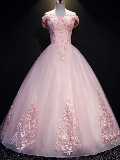 Pink Ball Gown Long Tulle Party Dress, Off Shoulder Prom Dress   cg13082