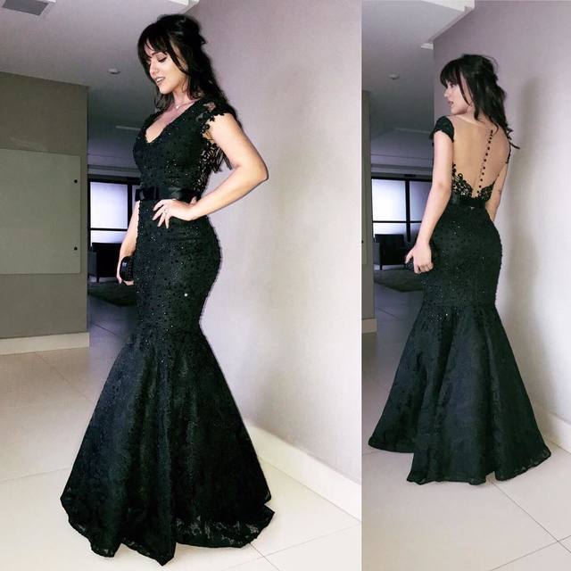 Sheer Back Mermaid Evening prom Dress with Cap Sleeves   cg13097