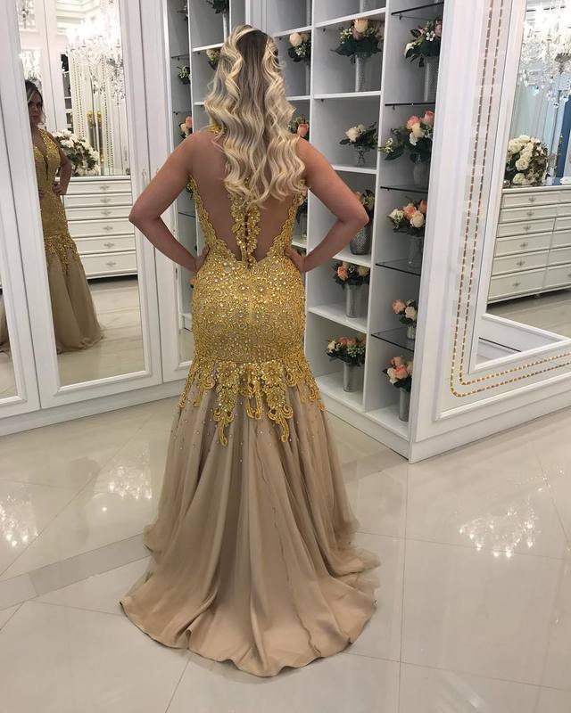 Illusion Back V-Neck Formal Long prom Dress with Gold Lace-Appliques   cg13098