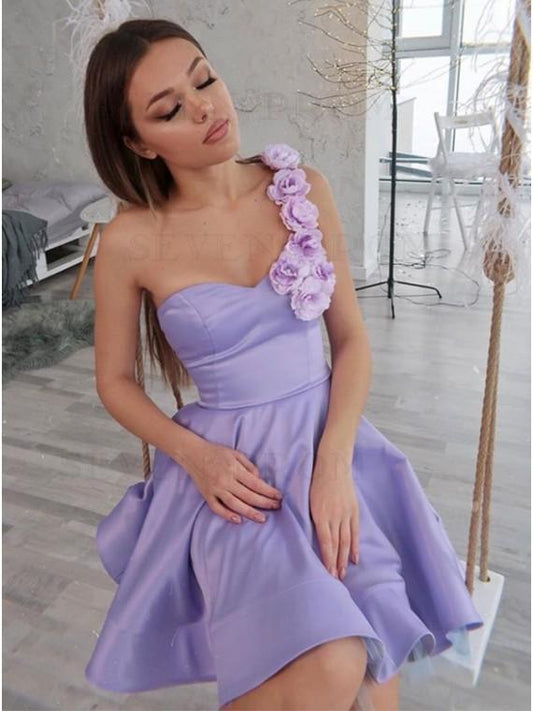 A-Line One Shoulder Short Lilac Homecoming Dress with Flowers    cg13114