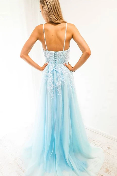 Blue A-line Spaghetti Strap Long Prom Dress with Appliques   cg13129