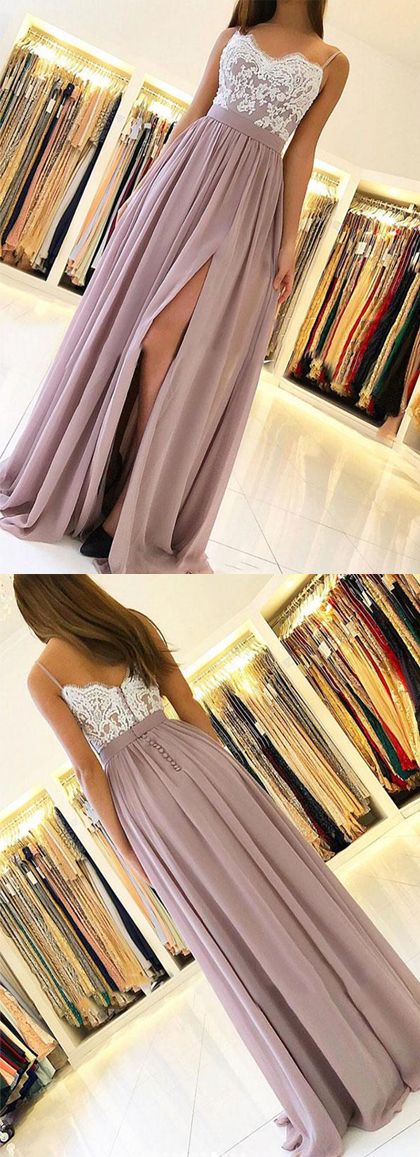 A Line Gray Prom Dresses Spaghetti Straps With Appliques Split Front cg1315
