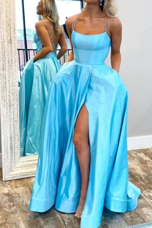 sexy blue prom dress with pockets, side slit long prom dress   cg13152