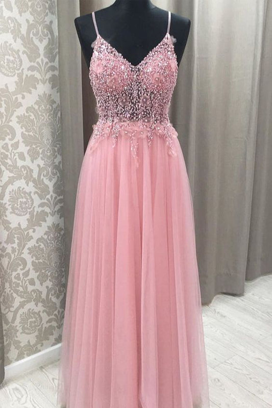 Princess Pink Beaded Tulle Long Prom Dress With Open Back   cg13158