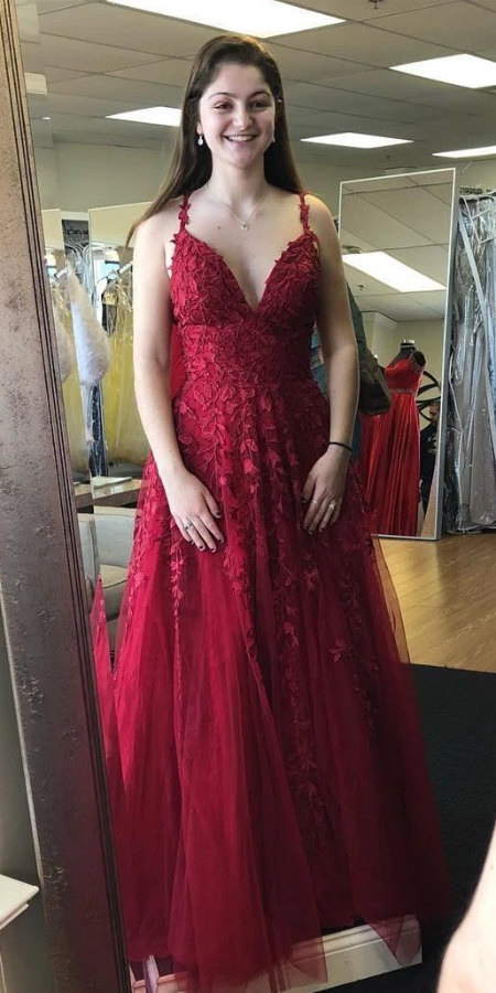 A-line long prom dress, red lace long prom dress   cg13186