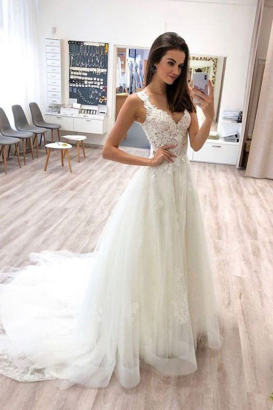 Elegant White v neck tulle lace long prom dress lace formal dress   cg13195