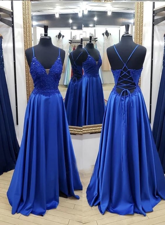 Royal Blue Satin Lace Long A Line Prom Dress   cg13221