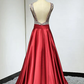 Red Sequins Satin Round Neckline Backless Long Prom Dress, Red Formal Dress   cg13258