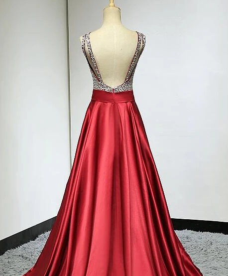 Red Sequins Satin Round Neckline Backless Long Prom Dress, Red Formal Dress   cg13258