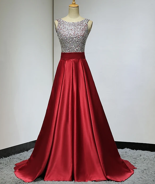 Red Sequins Satin Round Neckline Backless Long Prom Dress, Red Formal Dress   cg13258