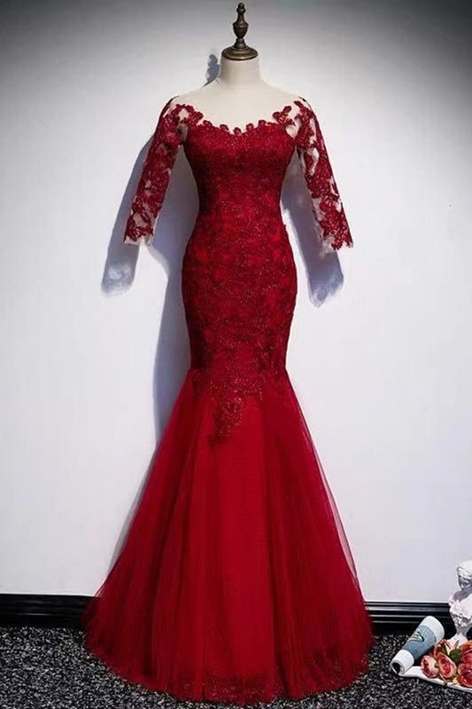 Round Neck Short Sleeves Mermaid Burgundy Lace Long Prom Dress   cg13284