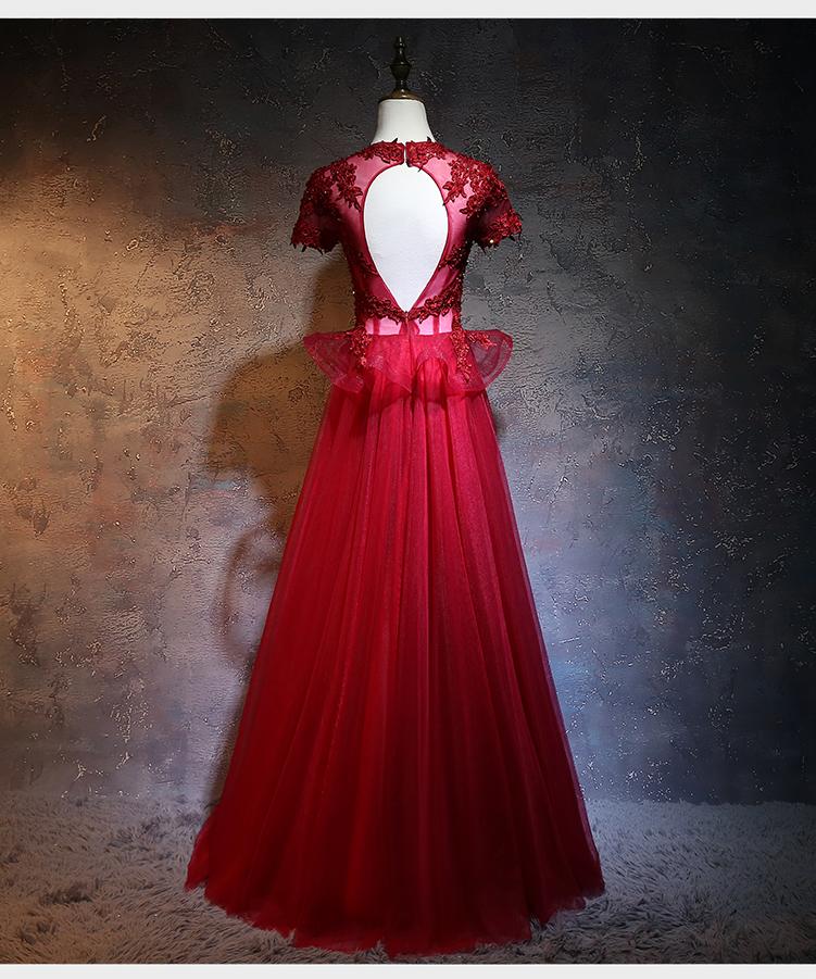 Beautiful Red Tulle Long Prom Dress, A-Line Cap Sleeves Formal Dress 2021    cg13302