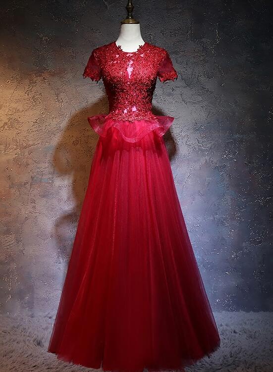 Beautiful Red Tulle Long Prom Dress, A-Line Cap Sleeves Formal Dress 2021    cg13302