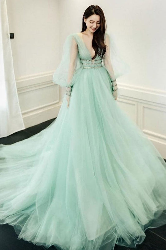 GREEN V NECK TULLE LONG PROM DRESS GREEN EVENING DRESS   cg13304