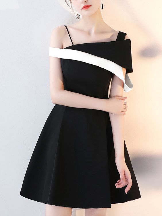 Black Contrast Skew Neckline Slip Mini Dress Homecoming Dress   cg13317