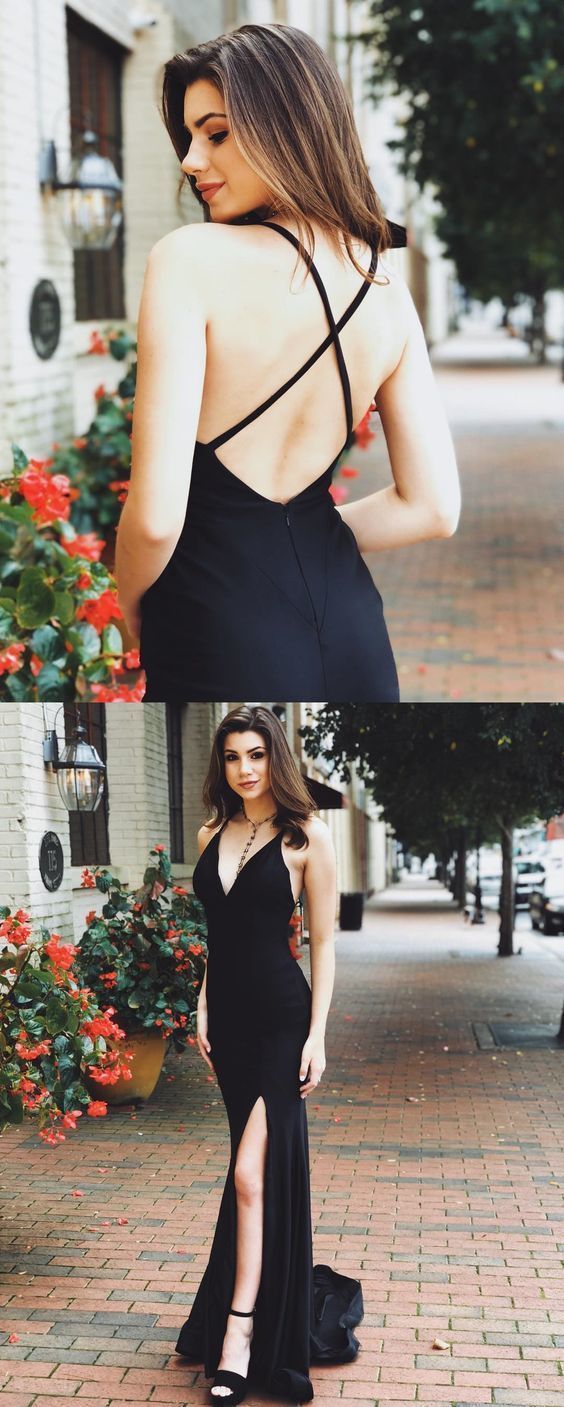 Mermaid Deep V-neck Black Backless Split Prom Evening Dress with Train    cg13333