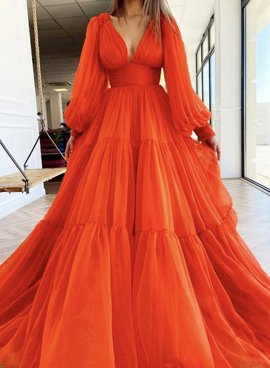 Red v neck long prom dress long sleeve dress   cg13368