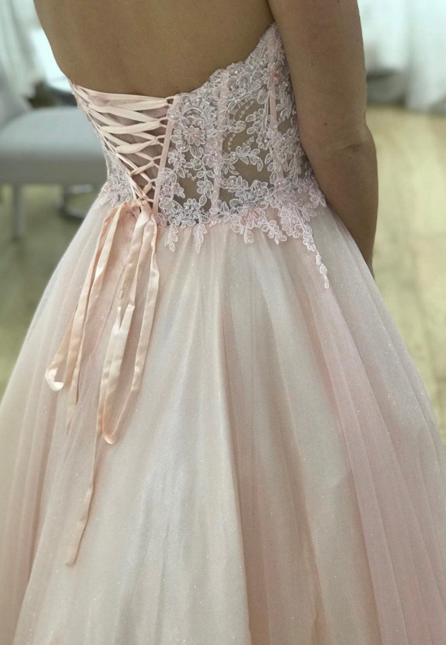 PINK TULLE LACE LONG PROM DRESS PINK EVENING DRESS   cg13375