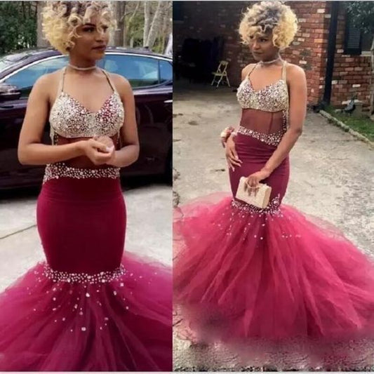 Afrikanische Burgunder Ballkleider Kristalle Durchsichtig Tüll Abendkleid für Hochzeitsfeier cg13385