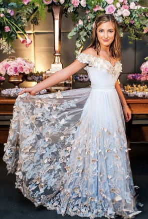 Light Blue Tulle Off The Shoulder prom Evening Gowns  cg1341