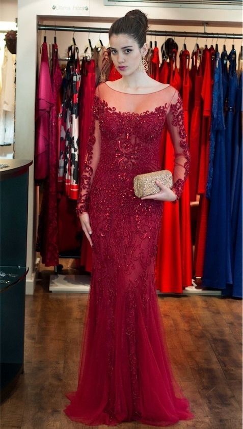 Elegant Long Sleeve Lace Appliques Prom Dresses,Mermaid Prom Dresses    cg13413