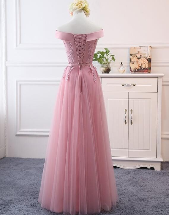 Pink Off Shoulder A-Line Tulle Floor Length Bridesmaid Dress, Pink Prom Dress   cg13426