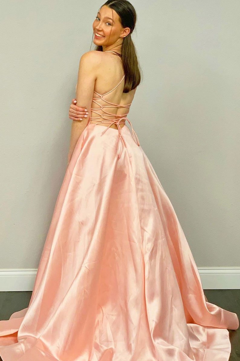 Simple pink v neck satin long prom dress pink evening dress   cg13448